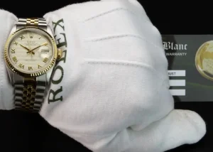 Men's Watches | Dress Watches | Sant Blanc ROLEX 36mm 18kt Gold & Stainless DateJust Ivory Pyramid Roman Dial Jubilee Band Model 16233