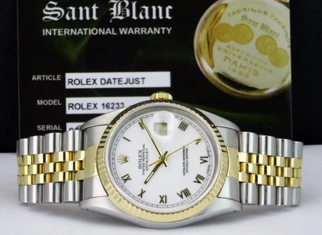 rolex_mm_kt_gold__stainle_4-12.webp Men's Watches | Dress Watches | Sant Blanc ROLEX 36mm 18kt Gold & Stainless DateJust White Roman Dial Jubilee Band Model 16233