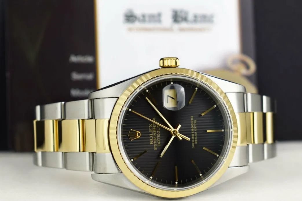 rolex_mm_kt_gold__stainle_4-17.webp Men's Watches | Dress Watches | Sant Blanc ROLEX 36mm 18kt Gold & Stainless DateJust Black Tapestry Dial Oyster Band Model 16233