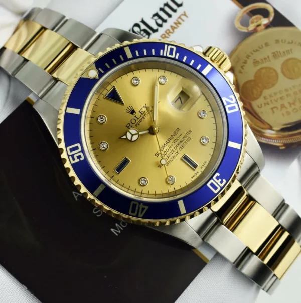 Sports Watches | Men's Watches | Sant Blanc ROLEX 40mm 18kt Gold & Stainless Steel Submariner Champagne Serti Diamond Dial Model 16613