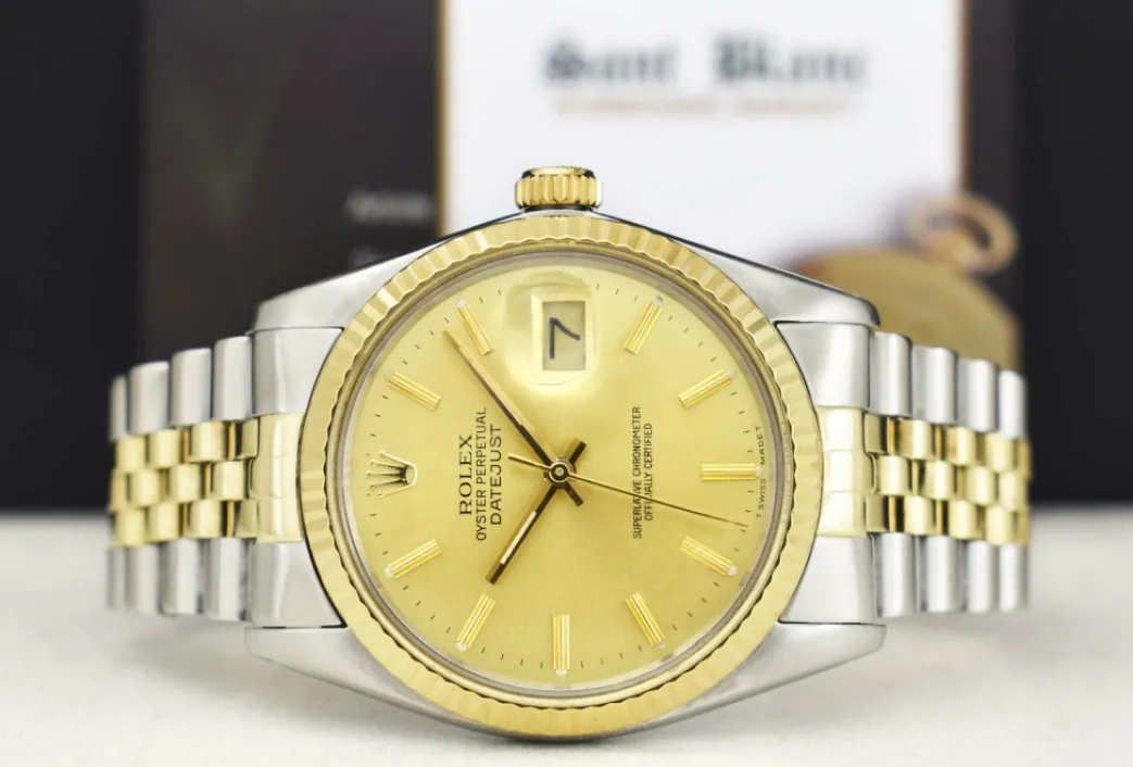 rolex_mm_kt_gold__stainle_4-2.webp Dress Watches | Sant Blanc ROLEX 36mm 18kt Gold & Stainless Steel DateJust Champagne Stick Dial Model 16013