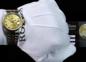 Men's Watches | Dress Watches | Sant Blanc ROLEX 36mm 18kt Gold & Stainless DateJust Champagne Roman Dial Jubilee Band Model 16233