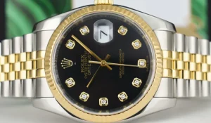 Dress Watches | Sant Blanc ROLEX 36mm 18kt Gold & Stainless Steel DateJust Black Diamond Custom Bezel Model 116233