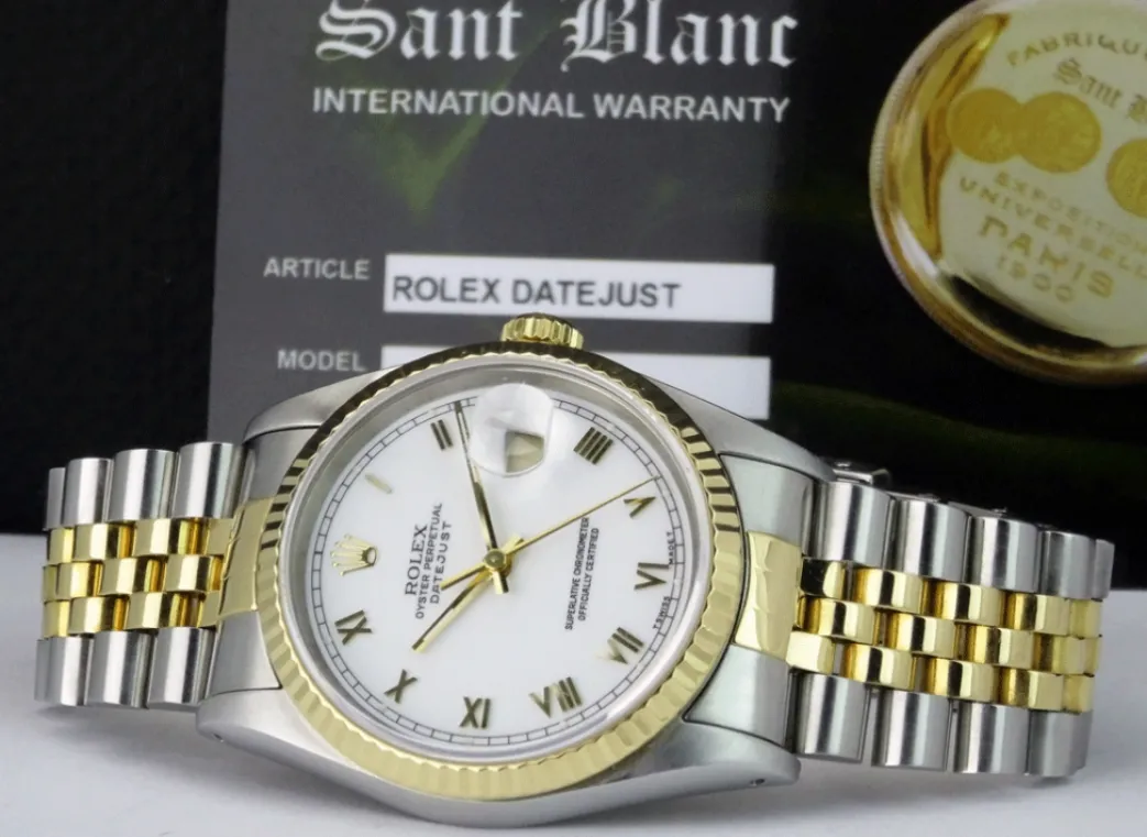 rolex_mm_kt_gold__stainle_5-11.webp Men's Watches | Dress Watches | Sant Blanc ROLEX 36mm 18kt Gold & Stainless DateJust White Roman Dial Jubilee Band Model 16233
