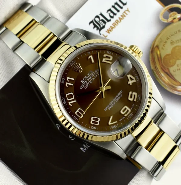 Men's Watches | Dress Watches | Sant Blanc ROLEX 36mm 18kt Gold & Stainless DateJust Chocolate Arabic Dial Oyster Band Model 16233