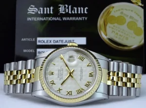 Men's Watches | Dress Watches | Sant Blanc ROLEX 36mm 18kt Gold & Stainless DateJust Ivory Pyramid Roman Dial Jubilee Band Model 16233