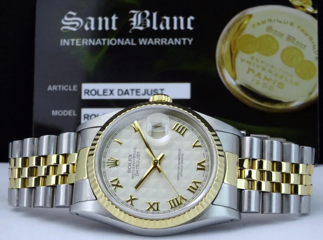 rolex_mm_kt_gold__stainle_5-9.webp Men's Watches | Dress Watches | Sant Blanc ROLEX 36mm 18kt Gold & Stainless DateJust Ivory Pyramid Roman Dial Jubilee Band Model 16233