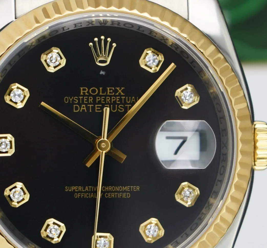 rolex_mm_kt_gold__stainle_6-1.webp Dress Watches | Sant Blanc ROLEX 36mm 18kt Gold & Stainless Steel DateJust Black Diamond Custom Bezel Model 116233