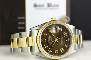 Men's Watches | Dress Watches | Sant Blanc ROLEX 36mm 18kt Gold & Stainless DateJust Chocolate Arabic Dial Oyster Band Model 16233