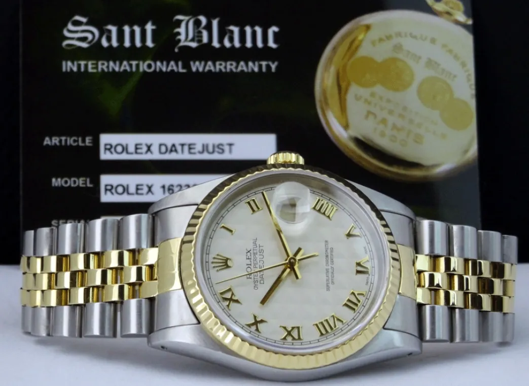rolex_mm_kt_gold__stainle_6-9.webp Men's Watches | Dress Watches | Sant Blanc ROLEX 36mm 18kt Gold & Stainless DateJust Ivory Pyramid Roman Dial Jubilee Band Model 16233