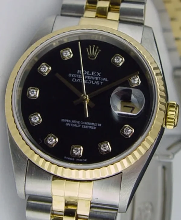 Men's Watches | Dress Watches | Sant Blanc ROLEX 36mm 18kt Gold & Stainless DateJust Black Diamond Dial Jubilee Band Model 16233