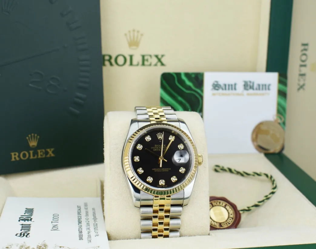 rolex_mm_kt_gold__stainle_7.webp Dress Watches | Sant Blanc ROLEX 36mm 18kt Gold & Stainless Steel DateJust Black Diamond Custom Bezel Model 116233