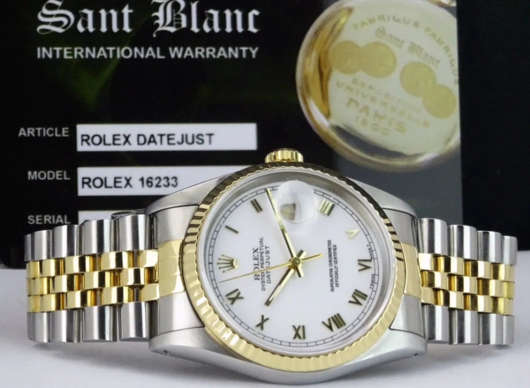rolex_mm_kt_gold__stainle_8-4.webp Men's Watches | Dress Watches | Sant Blanc ROLEX 36mm 18kt Gold & Stainless DateJust White Roman Dial Jubilee Band Model 16233