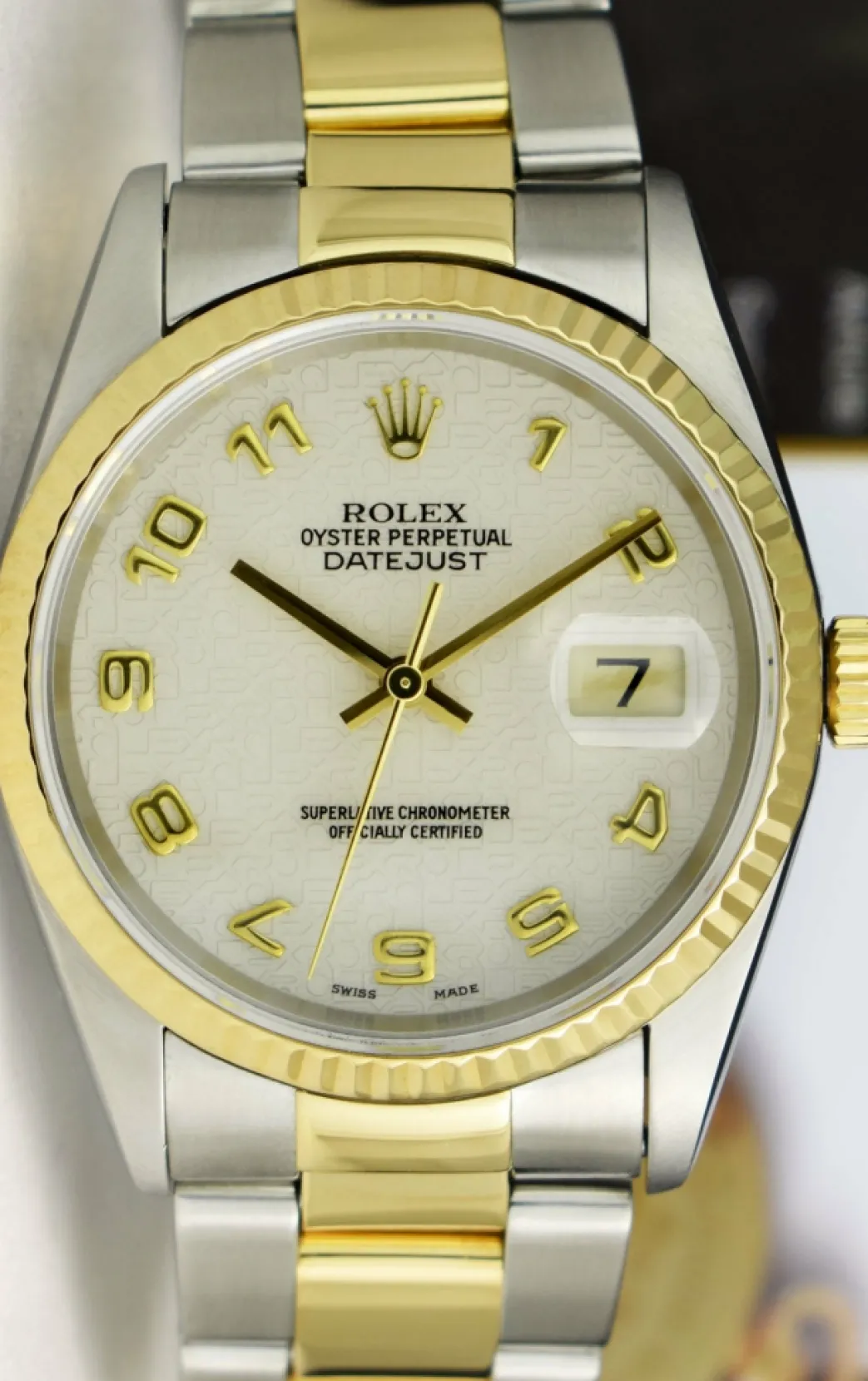 rolex_mm_kt_gold__stainle_8-5.webp Men's Watches | Dress Watches | Sant Blanc ROLEX 36mm 18kt Gold & Stainless DateJust Ivory Jubilee Arabic Dial Oyster Band Model 16233