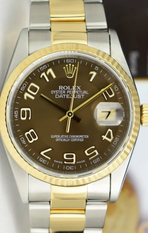 Men's Watches | Dress Watches | Sant Blanc ROLEX 36mm 18kt Gold & Stainless DateJust Chocolate Arabic Dial Oyster Band Model 16233