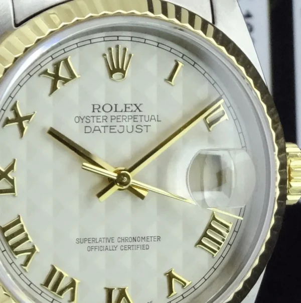 Men's Watches | Dress Watches | Sant Blanc ROLEX 36mm 18kt Gold & Stainless DateJust Ivory Pyramid Roman Dial Jubilee Band Model 16233