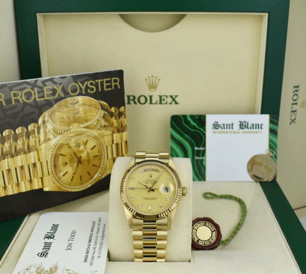 rolex_mm_kt_gold_day_date_0-1.webp President Dress Watches | Sant Blanc ROLEX 36mm 18kt Gold Day Date President Champagne Diamond Dial Model 18038