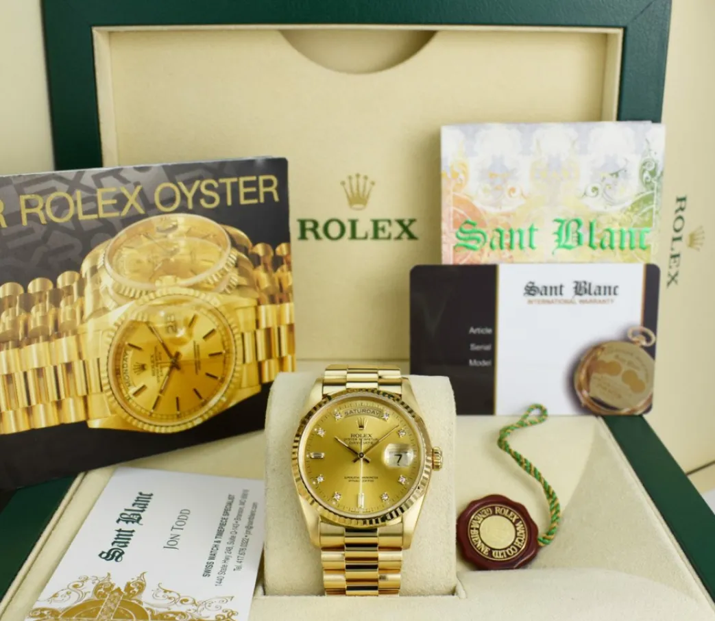 rolex_mm_kt_gold_day_date_0.webp President Dress Watches | Sant Blanc ROLEX 36mm 18kt Gold Day Date President Champagne Diamond Model 18238