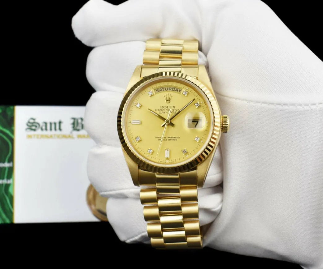 rolex_mm_kt_gold_day_date_1-1.webp President Dress Watches | Sant Blanc ROLEX 36mm 18kt Gold Day Date President Champagne Diamond Dial Model 18038