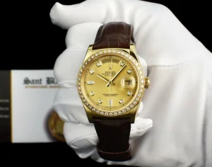 President Dress Watches | Sant Blanc ROLEX 36mm 18kt Gold Day Date Champagne Dial Diamond Bezel Model 118138