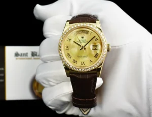 President Dress Watches | Sant Blanc ROLEX 36mm 18kt Gold Day Date Mother of Pearl Deco Roman Dial Diamond Bezel Model 118138