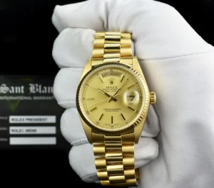Men's Watches | President Dress Watches | Sant Blanc ROLEX 36mm 18kt Gold Day Date President Champagne Stick Dial Model 18038