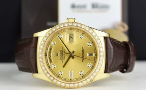 President Dress Watches | Sant Blanc ROLEX 36mm 18kt Gold Day Date Champagne Dial Diamond Bezel Model 118138