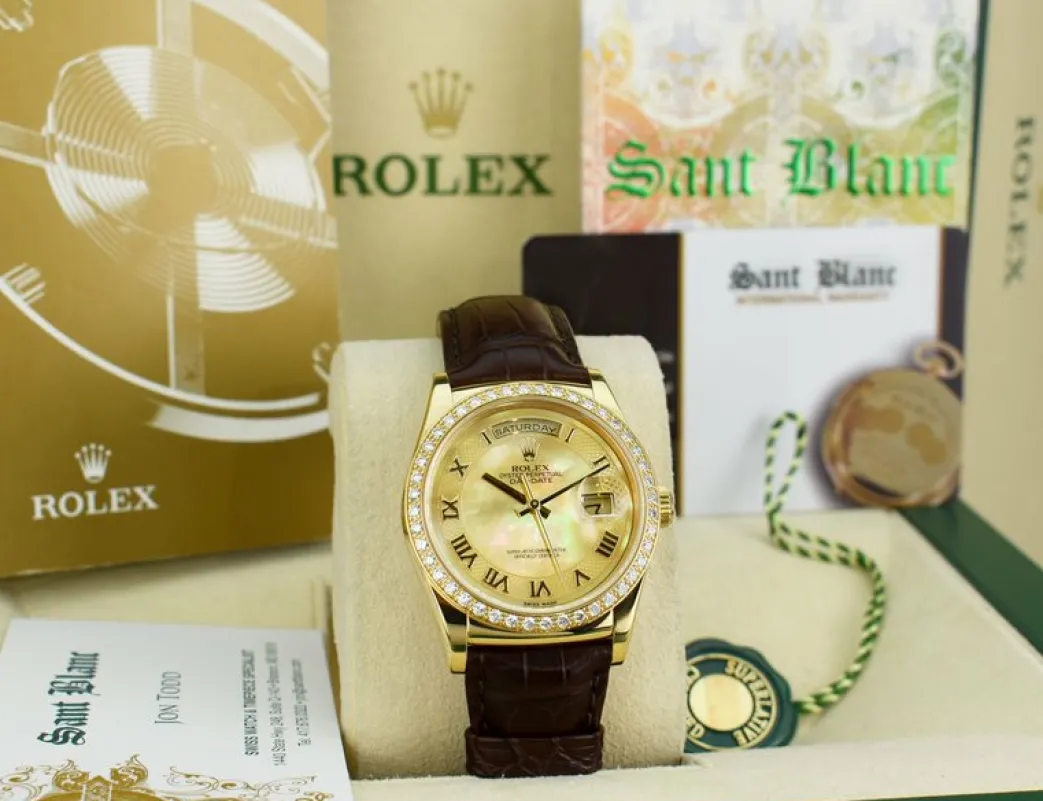rolex_mm_kt_gold_day_date_2-3.webp President Dress Watches | Sant Blanc ROLEX 36mm 18kt Gold Day Date Mother of Pearl Deco Roman Dial Diamond Bezel Model 118138