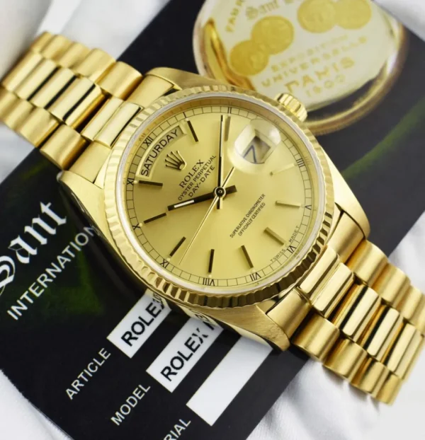 Men's Watches | President Dress Watches | Sant Blanc ROLEX 36mm 18kt Gold Day Date President Champagne Stick Dial Model 18038