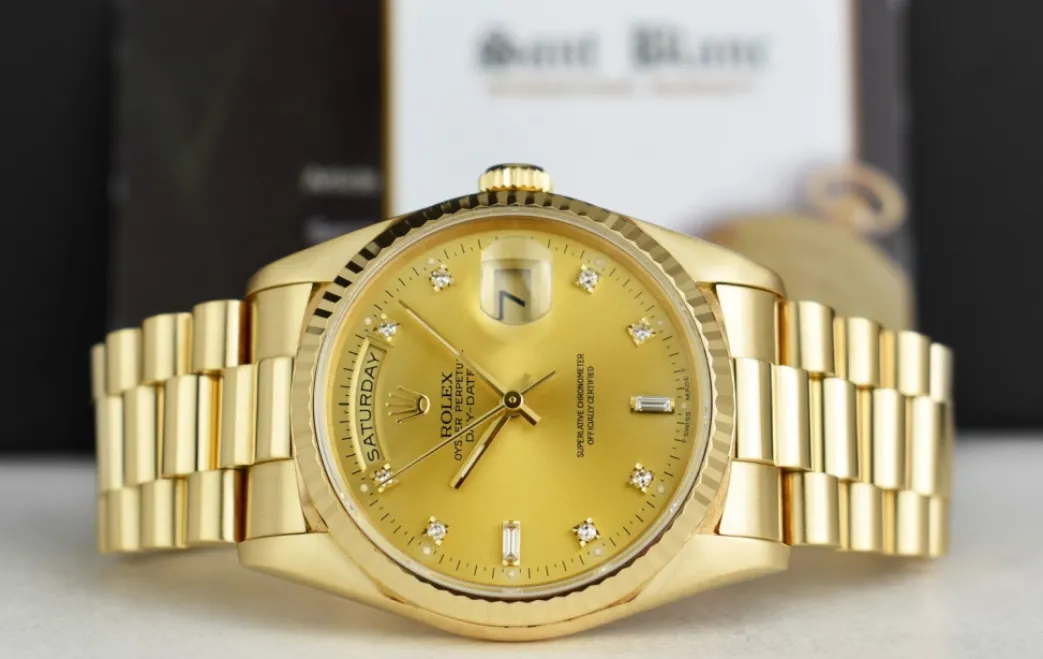 rolex_mm_kt_gold_day_date_4.webp President Dress Watches | Sant Blanc ROLEX 36mm 18kt Gold Day Date President Champagne Diamond Model 18238