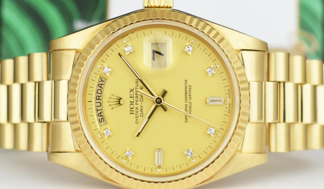 rolex_mm_kt_gold_day_date_5-1.webp President Dress Watches | Sant Blanc ROLEX 36mm 18kt Gold Day Date President Champagne Diamond Dial Model 18038