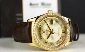 President Dress Watches | Sant Blanc ROLEX 36mm 18kt Gold Day Date Mother of Pearl Deco Roman Dial Diamond Bezel Model 118138