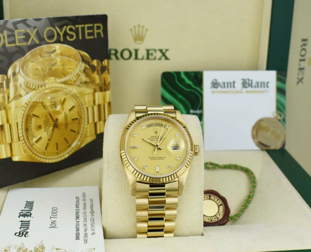 rolex_mm_kt_gold_day_date_6-1.webp President Dress Watches | Sant Blanc ROLEX 36mm 18kt Gold Day Date President Champagne Diamond Dial Model 18038
