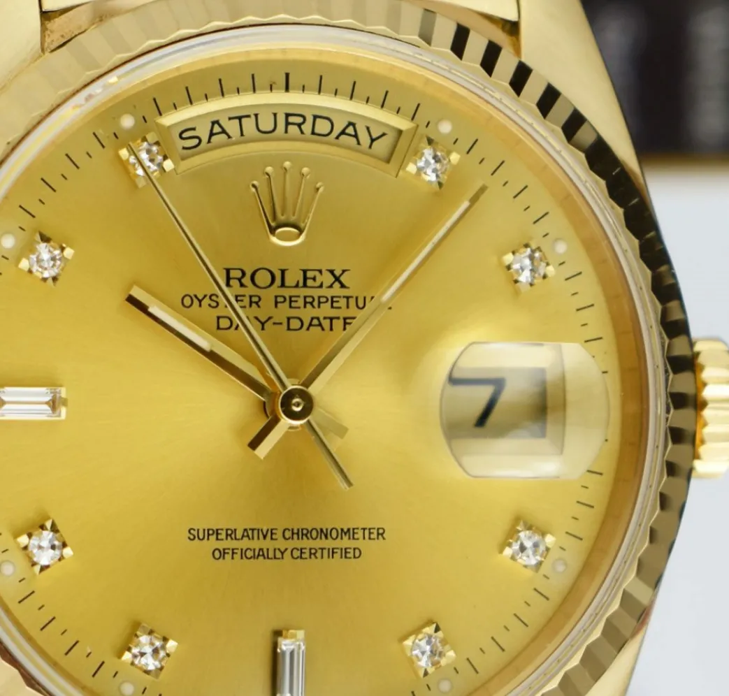 rolex_mm_kt_gold_day_date_6.webp President Dress Watches | Sant Blanc ROLEX 36mm 18kt Gold Day Date President Champagne Diamond Model 18238