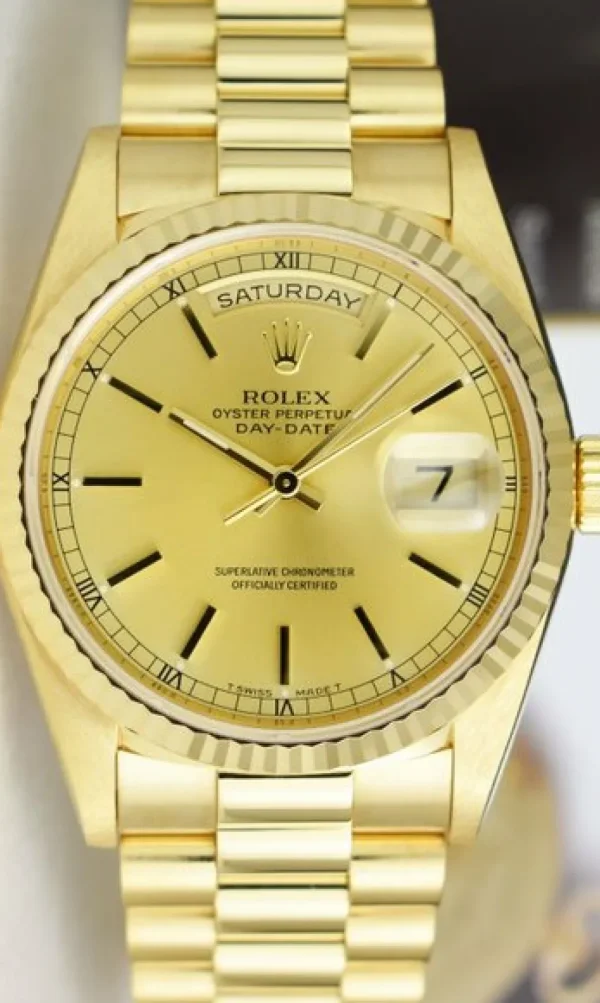 Men's Watches | President Dress Watches | Sant Blanc ROLEX 36mm 18kt Gold Day Date President Champagne Stick Dial Model 18238