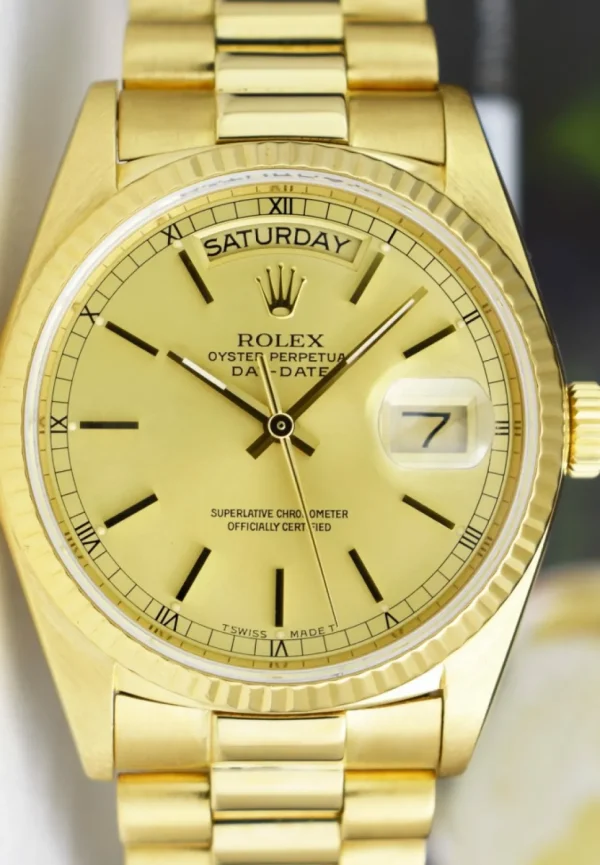 Men's Watches | President Dress Watches | Sant Blanc ROLEX 36mm 18kt Gold Day Date President Champagne Stick Dial Model 18038