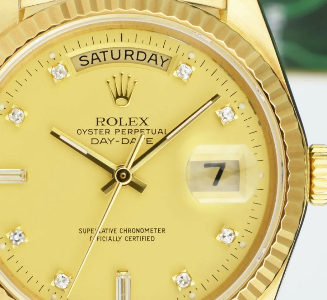 rolex_mm_kt_gold_day_date_7.webp President Dress Watches | Sant Blanc ROLEX 36mm 18kt Gold Day Date President Champagne Diamond Dial Model 18038