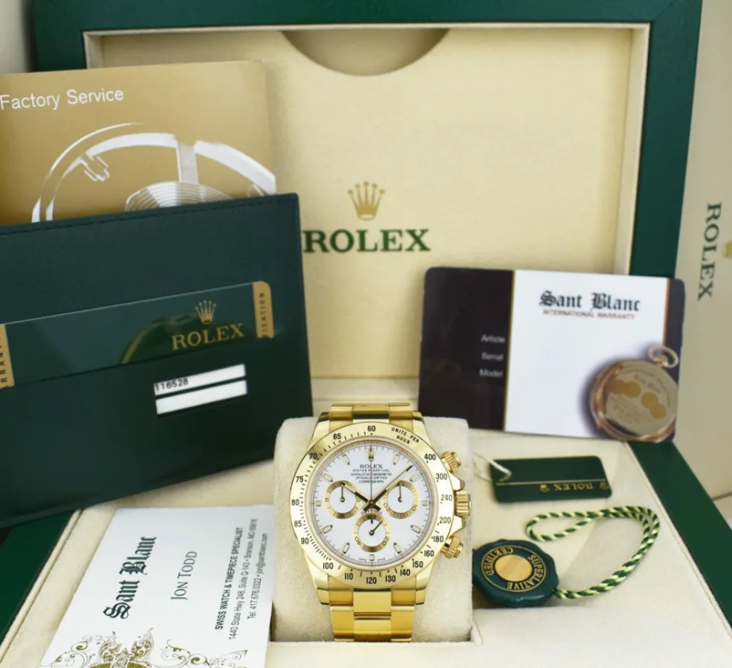 rolex_mm_kt_gold_daytona__0-1.webp Racing Professional Watches | Sant Blanc ROLEX 40mm 18kt Gold Daytona White Index Dial with Card & Tags Model 116528