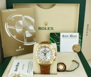 Men's Watches | Racing Professional Watches | Sant Blanc ROLEX 40mm 18kt Gold Daytona Cognac Strap Mother of Pearl Diamond Dial Model 116518