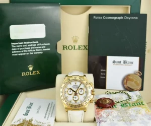 Men's Watches | Racing Professional Watches | Sant Blanc ROLEX 40mm 18kt Gold Daytona White Diamond Dial White Leather Strap Model 116518