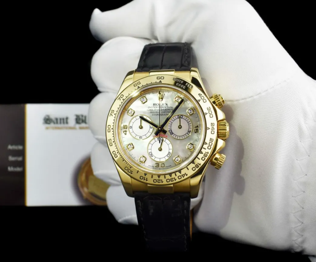 rolex_mm_kt_gold_daytona__1-3.webp Racing Professional Watches | Sant Blanc ROLEX 40mm 18kt Gold Daytona Leather Strap Mother of Pearl Diamond Dial Model 116518