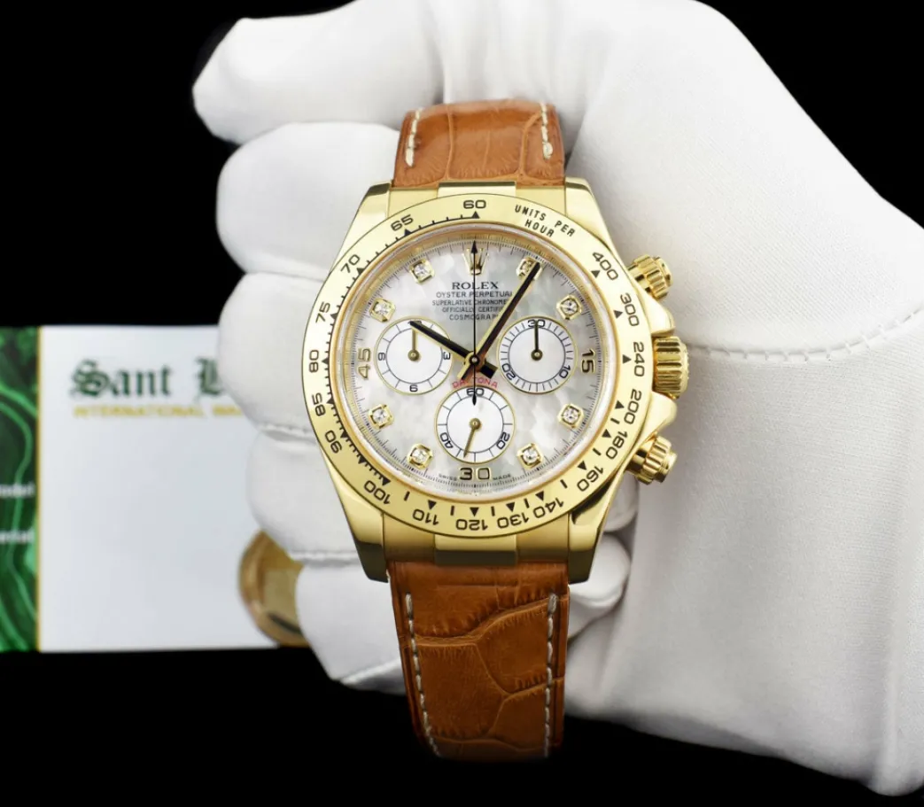 rolex_mm_kt_gold_daytona__1-5.webp Men's Watches | Racing Professional Watches | Sant Blanc ROLEX 40mm 18kt Gold Daytona Cognac Strap Mother of Pearl Diamond Dial Model 116518