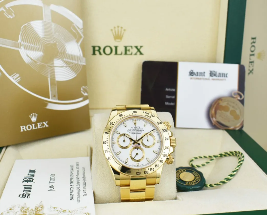 rolex_mm_kt_gold_daytona__2-1.webp Racing Professional Watches | Sant Blanc ROLEX 40mm 18kt Gold Daytona White Index Dial with Card & Tags Model 116528