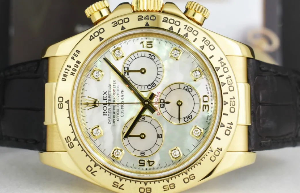 rolex_mm_kt_gold_daytona__2-3.webp Racing Professional Watches | Sant Blanc ROLEX 40mm 18kt Gold Daytona Leather Strap Mother of Pearl Diamond Dial Model 116518