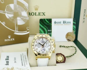 Racing Professional Watches | Sant Blanc ROLEX 40mm 18kt Gold Daytona White Leather Strap Mother of Pearl Diamond Dial Model 116518