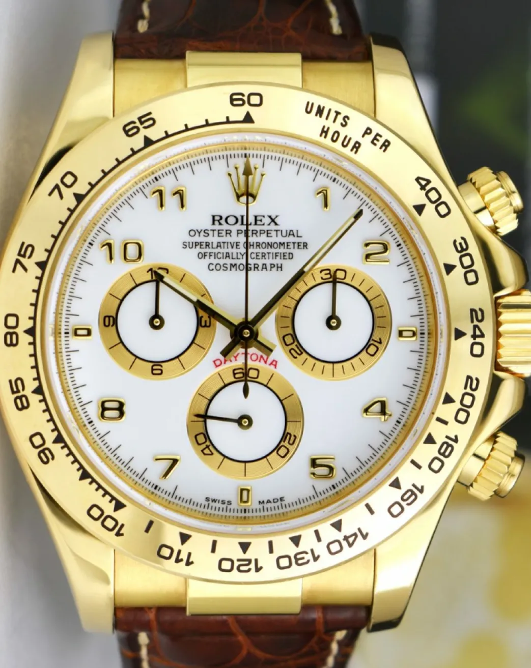 rolex_mm_kt_gold_daytona__2-4.webp Racing Professional Watches | Sant Blanc ROLEX 40mm 18kt Gold Daytona White Arabic Dial Brown Strap Model 116518