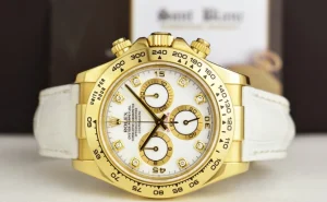 Men's Watches | Racing Professional Watches | Sant Blanc ROLEX 40mm 18kt Gold Daytona White Diamond Dial White Leather Strap Model 116518