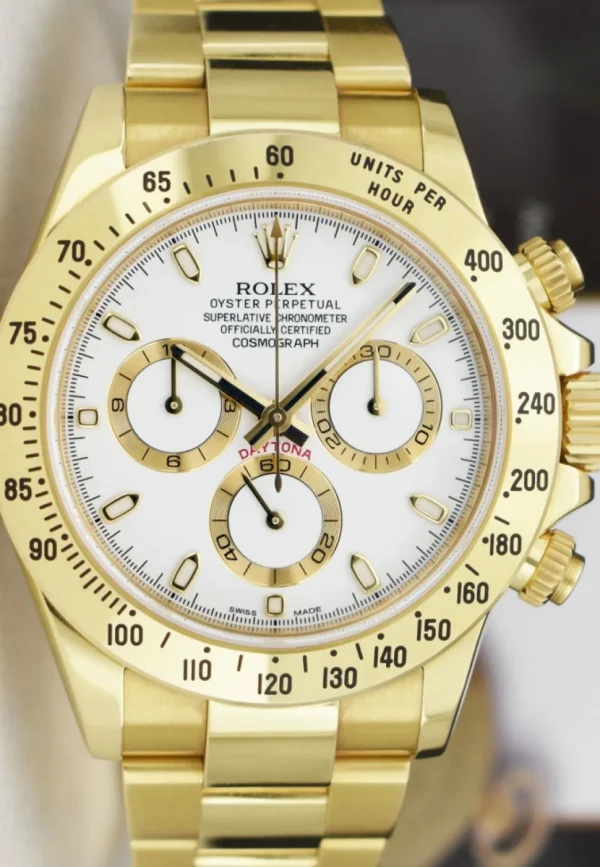Racing Professional Watches | Sant Blanc ROLEX 40mm 18kt Gold Daytona White Index Dial with Card & Tags Model 116528