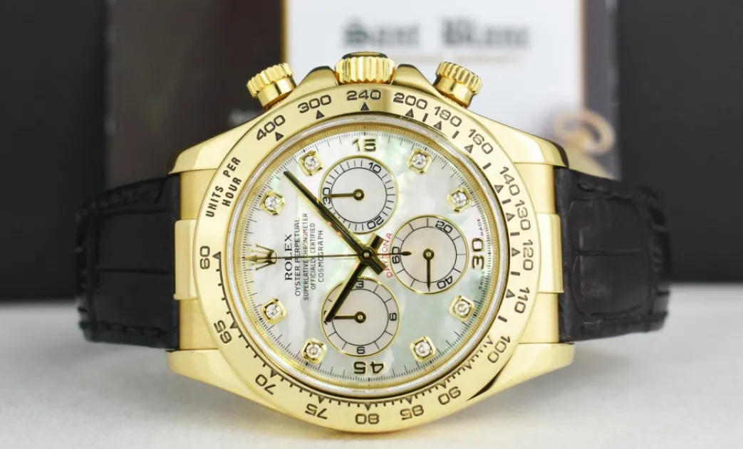 rolex_mm_kt_gold_daytona__3-3.webp Racing Professional Watches | Sant Blanc ROLEX 40mm 18kt Gold Daytona Leather Strap Mother of Pearl Diamond Dial Model 116518