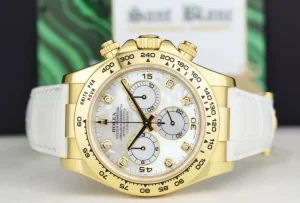 Racing Professional Watches | Sant Blanc ROLEX 40mm 18kt Gold Daytona White Leather Strap Mother of Pearl Diamond Dial Model 116518